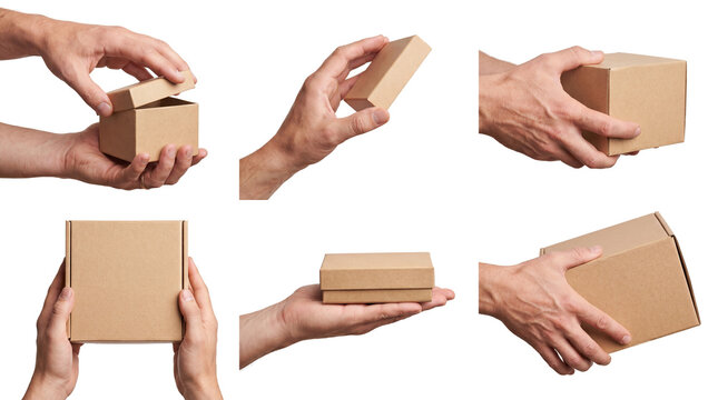 Diverse hands interacting with small, plain brown cardboard boxes in various positions, isolated on transparent.