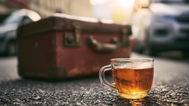 Glass mug with amber tea placed on asphalt in front of a vintage suitcase, contemplating a city journey at sunset