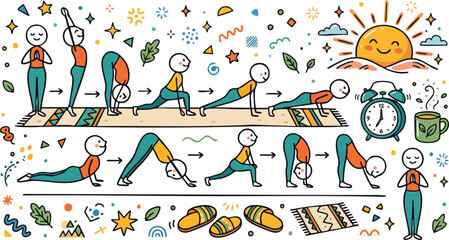 Fototapeta premium Yoga Sun Salutation Sequence Stick Figure Morning Routine Vector