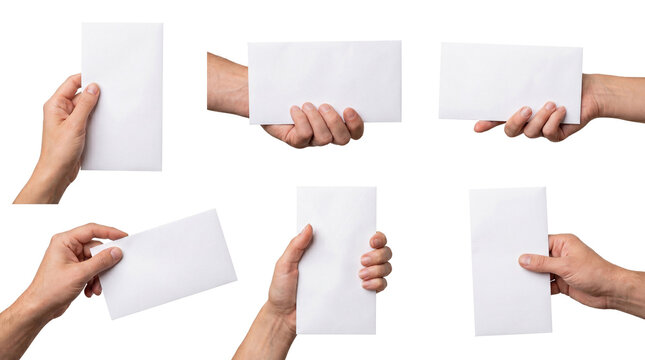 Collection of diverse hands holding blank white envelopes or cards, ideal for communication and message concepts.