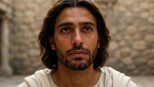 Jesus before Pilate in the judgment hall. Cinematic portrait of a man in ancient attire. Biblical historical drama concept