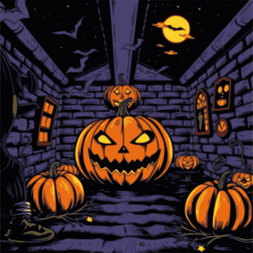 A colorfull halloween theme room with spooky pumpkin and bat in witchy night sky moon roof background horrer illustration