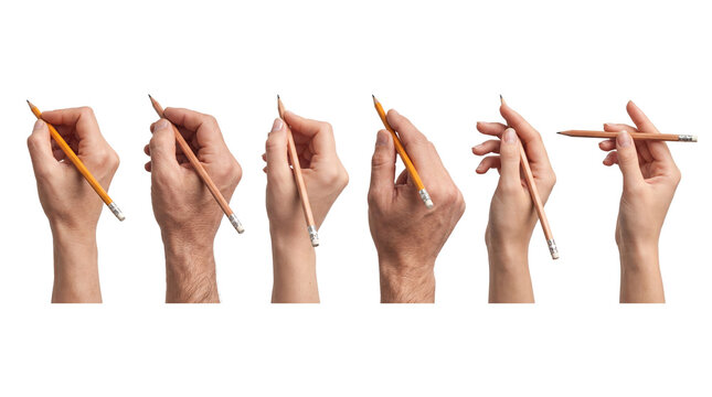 Various hands gripping wooden pencils, showcasing different writing and drawing postures.