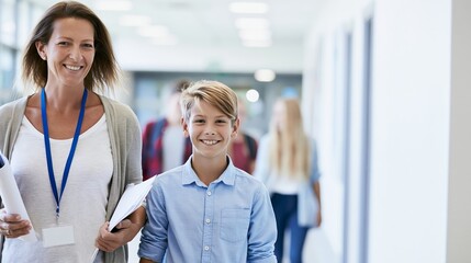 Fototapeta premium Teacher and smiling schoolboy walking in school hallway, discussing education, learning, and student support