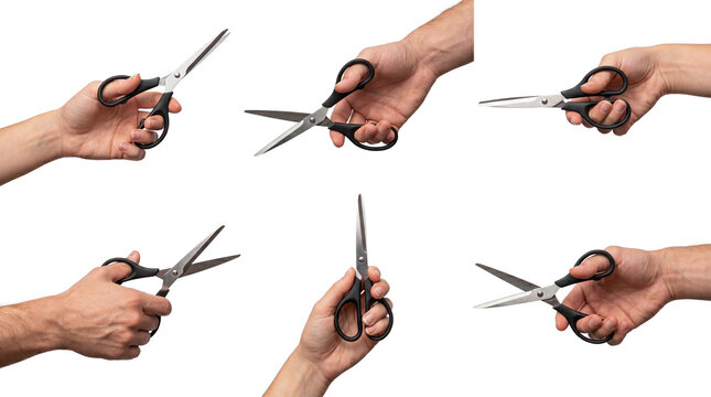 Six different hands holding various types of sharp scissors, black and gray handles, transparent background.