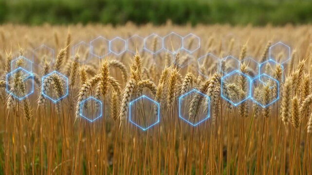 Digital hexagons animating over a golden wheat field. Visualizing climate data for agricultural insurance.