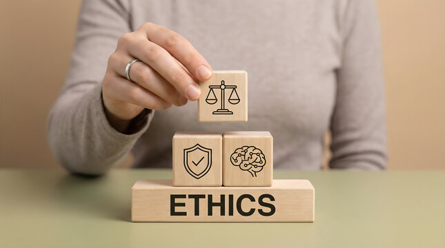 Ethics concept with scales of justice, shield and brain icons on wooden blocks