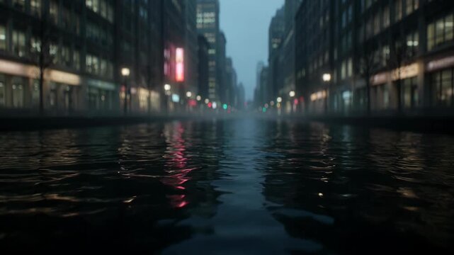 Dark urban street submerged in flowing water reflecting city lights. Visualizing climate change impact and flood risk.