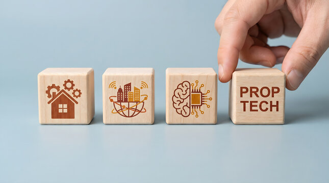 Proptech concept with hand arranging wooden blocks with icons of house, city, brain, technology