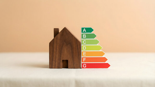 Wooden house model with energy efficiency rating scale