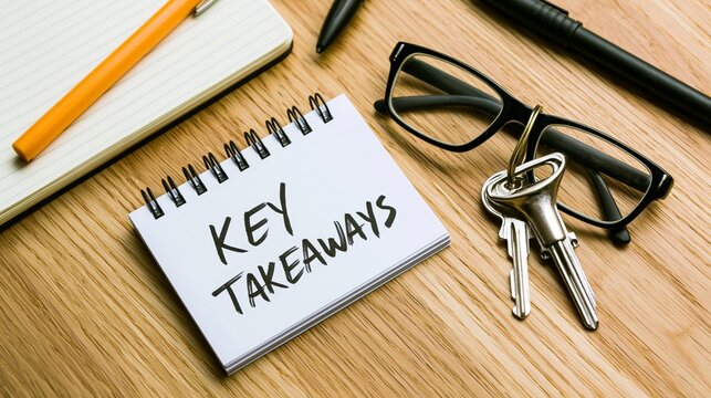 Key takeaways note on wooden desk with glasses, keys, notebook, and pens, highlighting important concepts