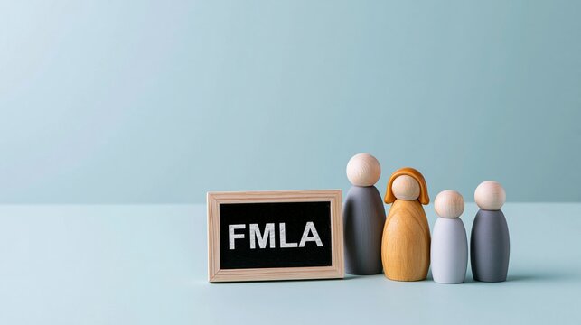Wooden family figurines and a blackboard with FMLA on it, representing family and medical leave in a workplace context