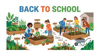 Fototapeta premium Back To School Garden Fun: Children and adults work together in a vibrant community garden, tending to plants and learning about nature as they celebrate Back To School.