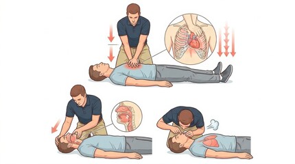 Naklejka na ściany i meble First aid training shows CPR steps focusing on chest compressions and breaths for workplace emergencies. Proper techniques are demonstrated.