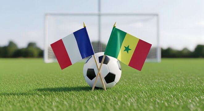 France versus senegal soccer match flags and ball on pitch