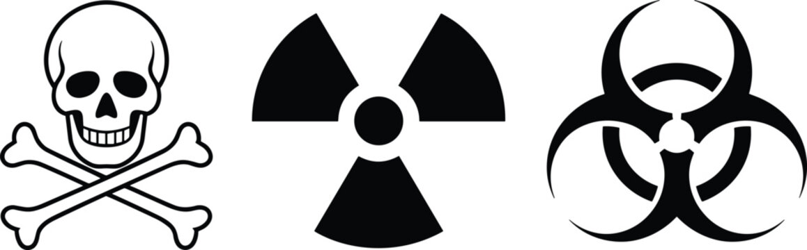 Hazard warning symbols collection featuring skull crossbones, radioactive sign and biohazard icon isolated on gray background illustration