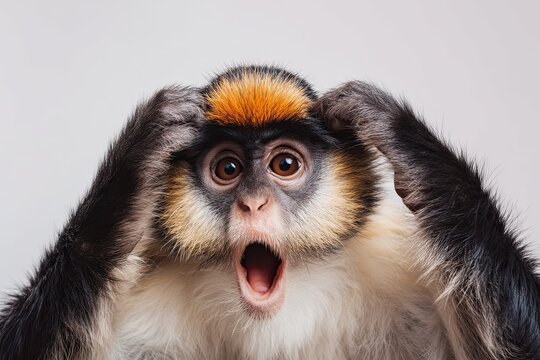 A monkey's face. Open mouth. Surprised, shocked, paws on head on a plain background. Space for text.
