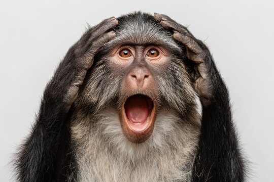 A monkey's face. Open mouth. Surprised, shocked, paws on head on a plain background. Space for text.