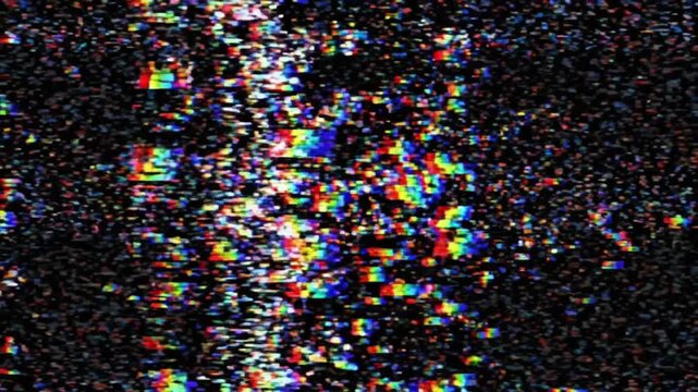 Abstract digital overlay with noisy glitch pixels and flickering electronic interference, broken RGB textures and corrupted signal movement across a black background.