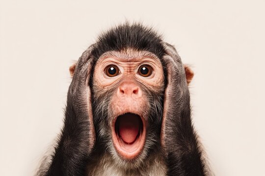 A monkey's face. Open mouth. Surprised, shocked, paws on head on a plain background. Space for text.