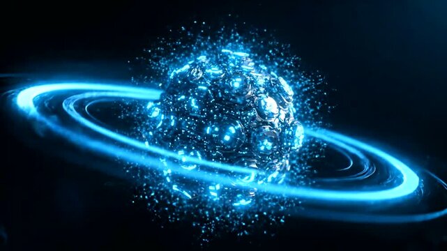 Glowing Blue Planet with Rings Explodes.