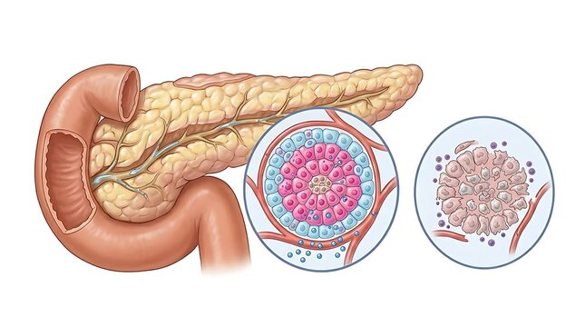 Pancreas anatomy and microscopic view of islet cells