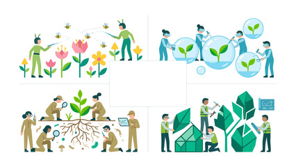 Fototapeta premium Illustration of Environmental Science Teamwork: A collage of four illustrations depicting a team engaged in various aspects of environmental science, including pollination, plant cultivation.