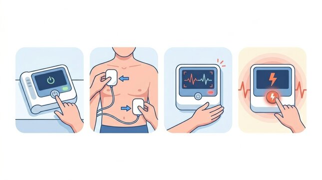 Guide shows operational steps for using an automated external defibrillator in a workplace emergency situation. Clear sequence of actions is provided.