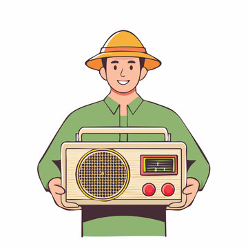 Man in Hat Holding Vintage Radio