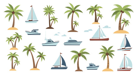 Fototapeta premium Tropical beach scene with palm trees and sailboats.