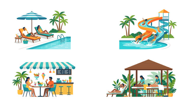 Summer Resort Fun: A vibrant collage showcasing a tropical resort's diverse attractions, from poolside relaxation and thrilling water slides to a charming ice cream stand and a serene massage cabana.