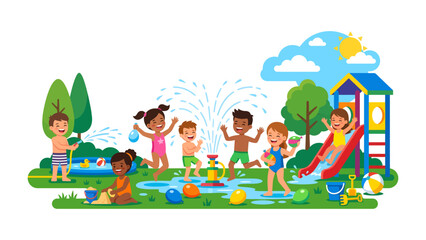 Obraz premium Summer Splash: A vibrant illustration depicts diverse children gleefully splashing in sprinklers and playing on a sunny playground, embodying the carefree spirit of summer vacation.