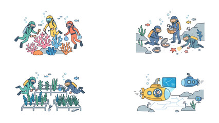 Fototapeta premium Underwater Exploration Collage: A vibrant collection of illustrations showcasing divers exploring coral reefs, collecting pearls, cultivating underwater crops, and operating a submersible.