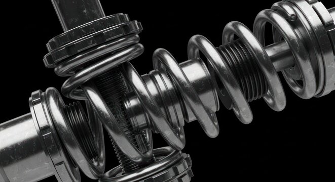 Close-up of a complex mechanical shock absorber system with springs and metal components against a black background.