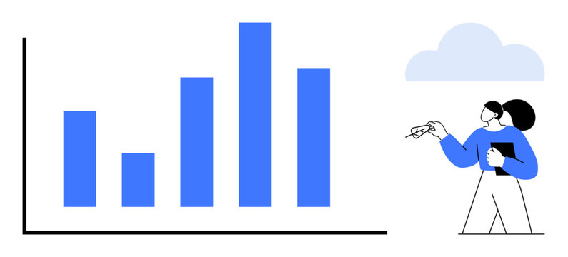 Business analytics, data visualization, market research, financial tracking, teamwork, goal setting. Vertical bar chart and woman holding a tablet. Business analytics and data visualization