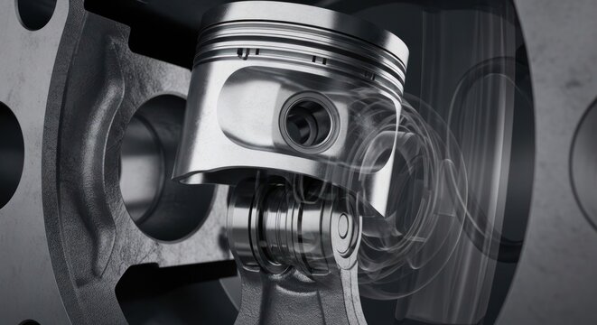 Close-up of a detailed internal combustion engine piston and connecting rod assembly within a cylinder block.