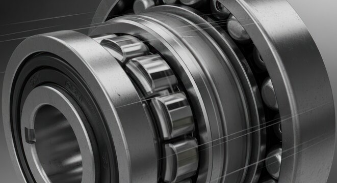 Close-up of a heavy-duty industrial roller bearing with intricate metal components and smooth surfaces.
