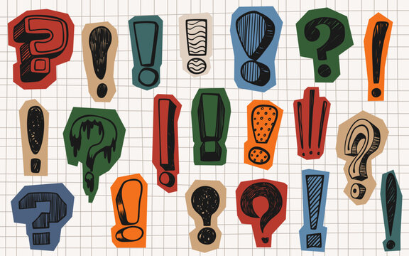 Scrapbook set of question and exclamation marks on notebook page background. Vector illustration of paper cutout stickers with doodle signs drawn by black crayon or marker, sketch icons for collage