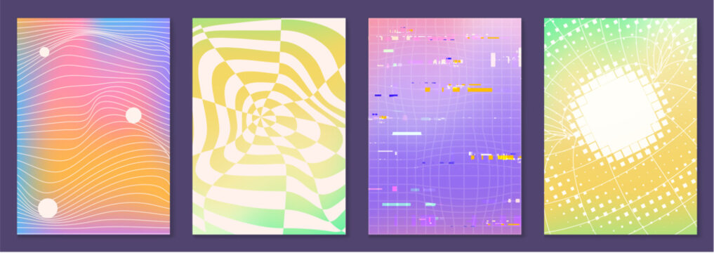 Psychedelic distorted patterns with groovy curvy lines and vibrant colors. Vector realistic set of abstract retro backgrounds with funky waves, futuristic wireframe design, pixel, glitch effect