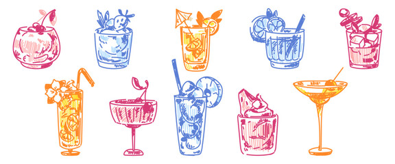 Naklejka na ściany i meble Vintage sketch set of cocktail glasses with tropical drinks on yellow background. Vector illustration of hand drawn margarita, martini beverages with fruit, ice and alcohol, summer bar or party design