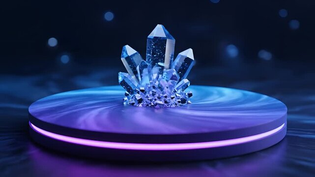 Abstract Crystal Formation on Futuristic Glowing Platform.