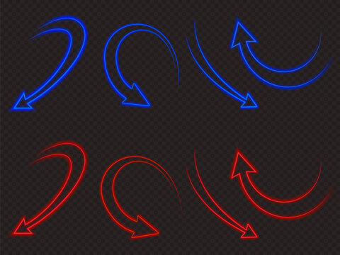 Glowing neon arrow set, blue red curvy pointers up and down, 3d vector illustrations isolated on transparent background. Upgrade and growth, regress circular signs. Light trails with dynamic motion
