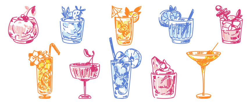 Vintage sketch set of cocktail glasses with tropical drinks on yellow background. Vector illustration of hand drawn margarita, martini beverages with fruit, ice and alcohol, summer bar or party design