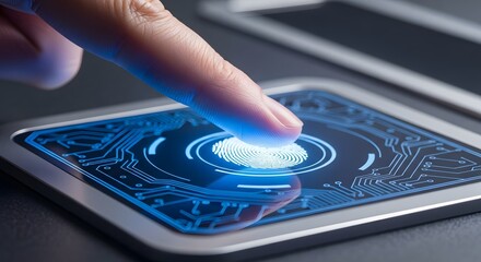 Fototapeta premium A human finger presses down on a futuristic glowing blue biometric fingerprint scanner for digital identification and security access.