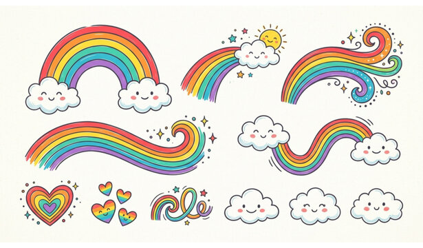 Cute cartoon rainbow cloud heart doodle vector set