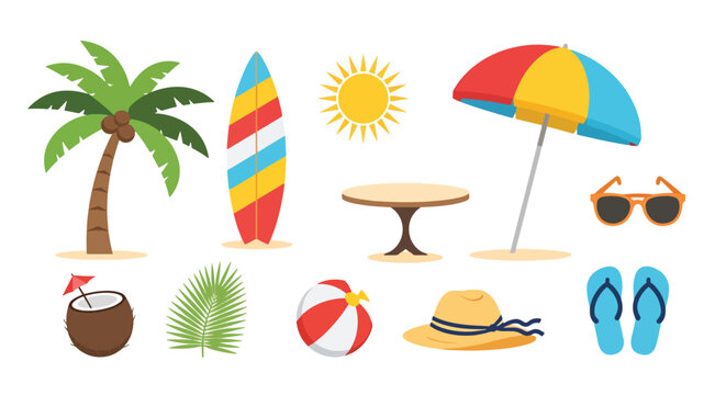 Assortment of colorful summer beach accessories and items.