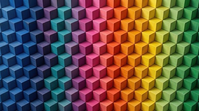Geometric pattern of wooden cubes in rainbow colors for Pride Month celebration, abstract background, lgbtq support, diversity concept, creative texture.