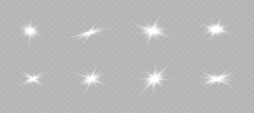Futuristic projector glow with bright spotlight rays, sparkling lens flare and luxury glitter burst, transparent stage background for vector illustration artwork