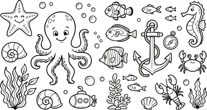 Cute Underwater Sea Animals and Nautical Elements Coloring Set