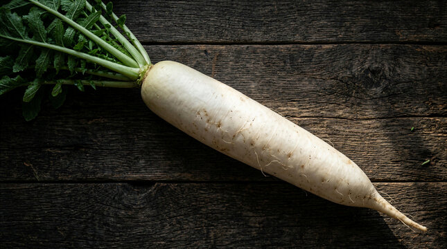 Fresh organic white daikon radish with green leaves on dark rustic wooden background